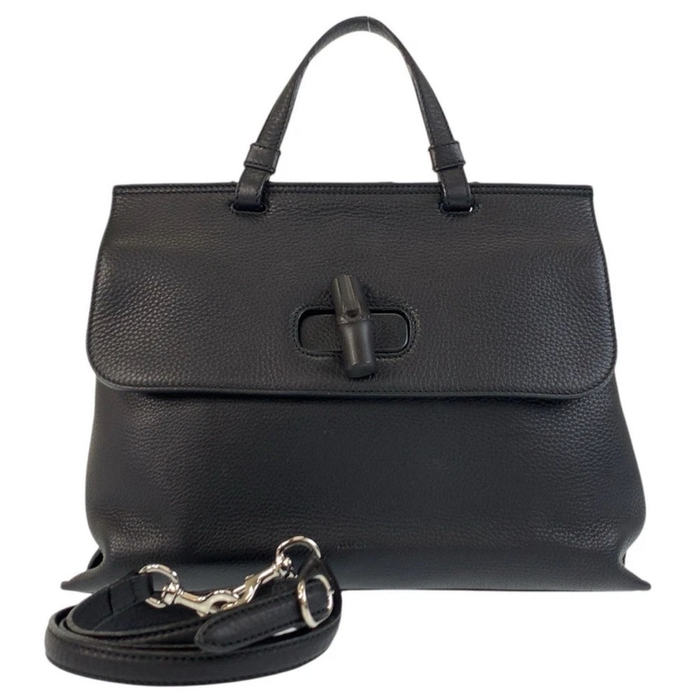 GUCCI Bamboo Turn-Lock Black Leather Top Handle Front Flap Closure Shoulder Bag